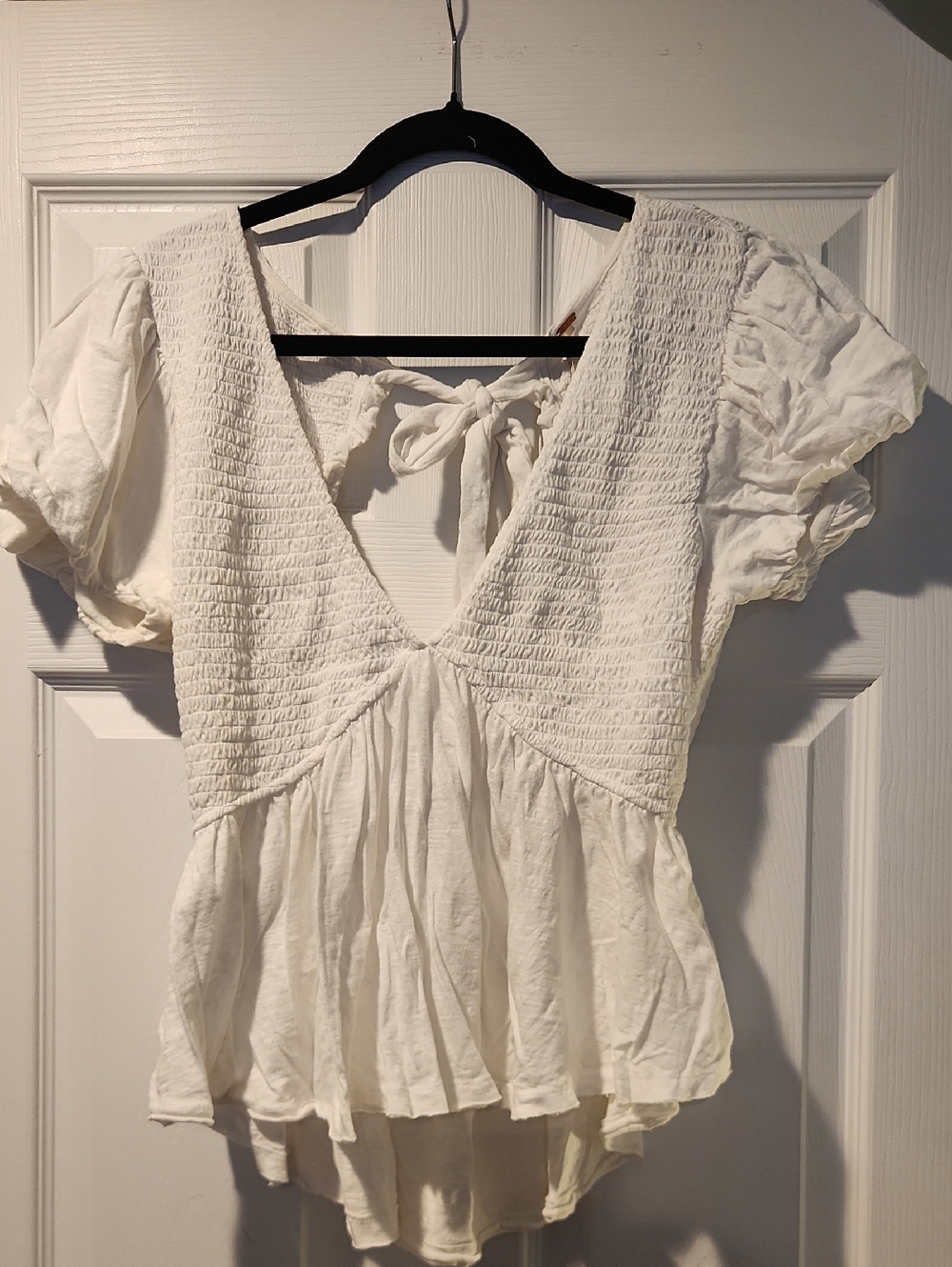 Free People Cream Smocked V-Neck Tie-Back Peplum Blouse
